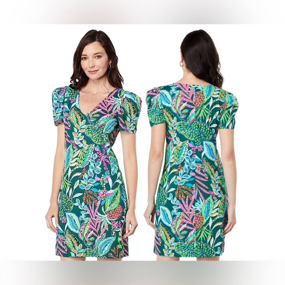 Tropical Print V-Neck Short Sleeve Dress in Teal